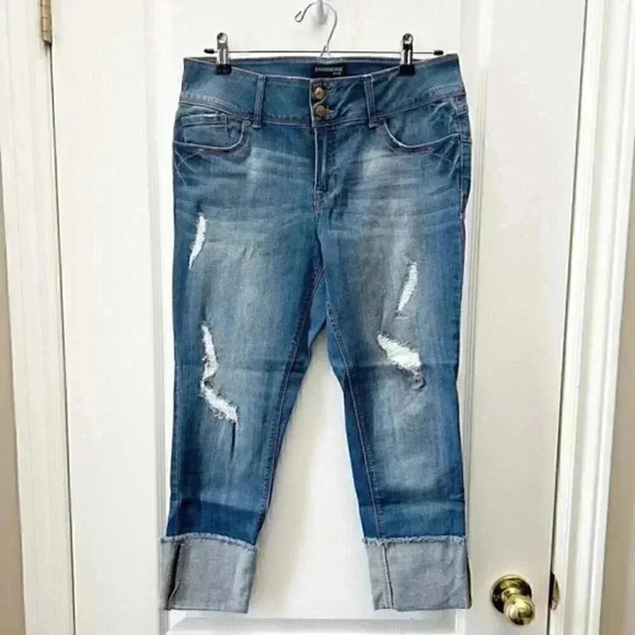 Evermore High Rise Distressed Ankle Crop Jeans Cuffed Stretch Denim Blue Size 30 - Picture 4 of 14